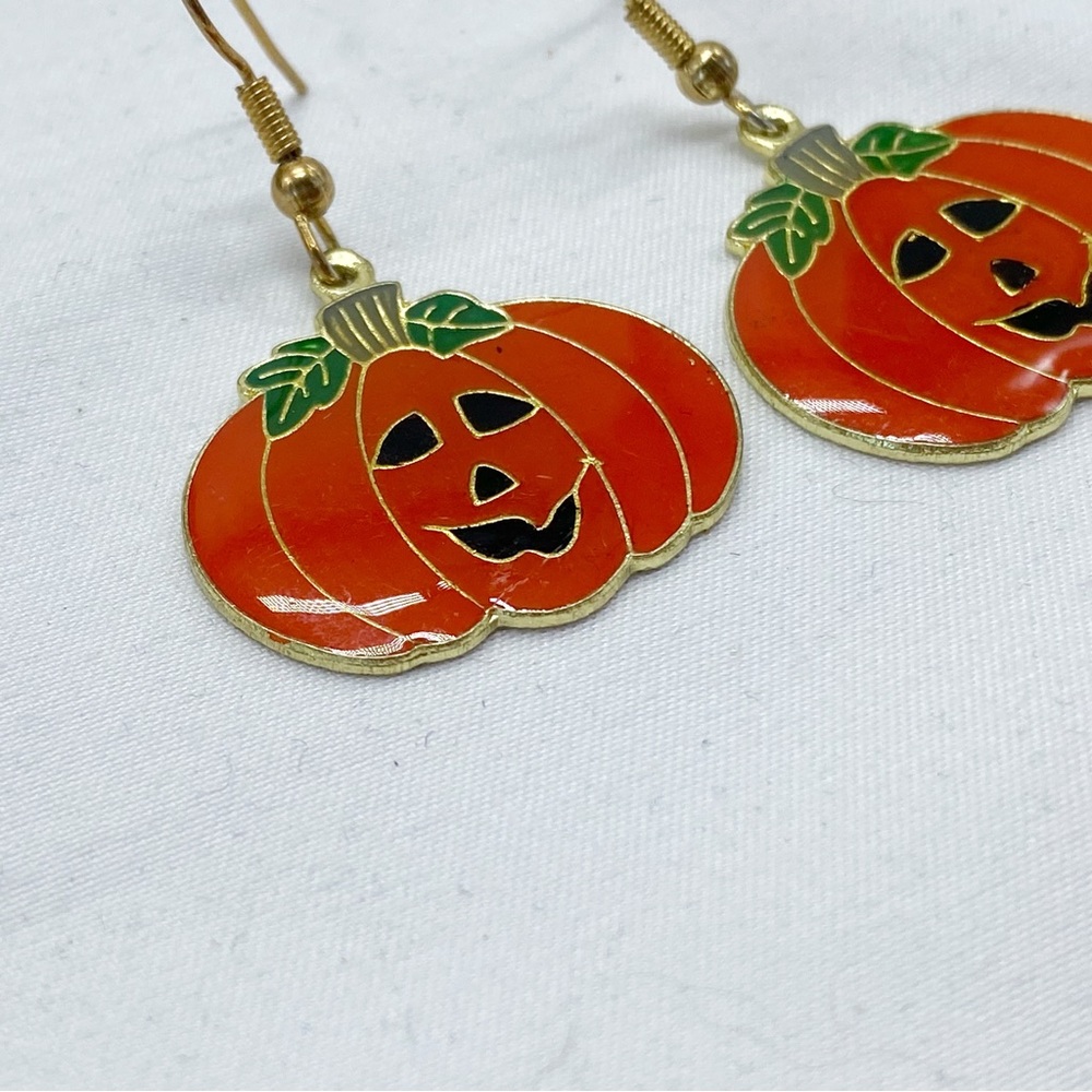 Vintage Halloween Pumpkin Jack O Lantern Dangle Earrings - Picture 2 of 4